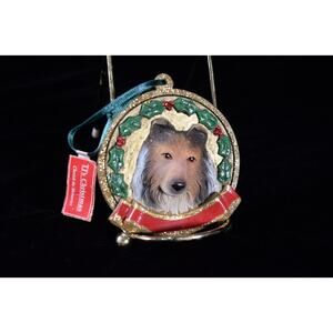 T J Christmas Collie Dog Ornament 3-D Head with Holly Red Ribbon Resin 3" Dia.